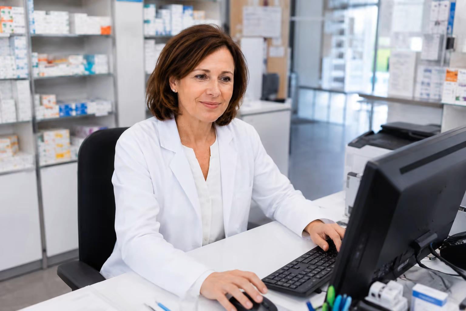Apothekerin bei der Freigabe am Computer