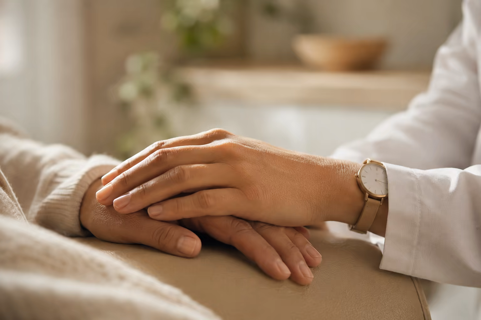 Ärztliche Hand auf Patientenhand, Vertrauen in der Behandlung
